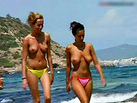 The babes natural tits are bouncing when they are walking in nothing but hot bikini panties.